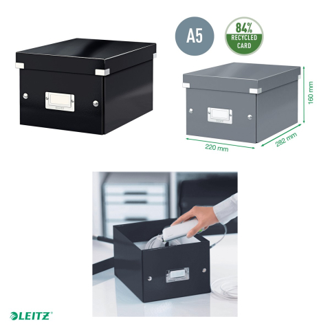 Cutie depozitare Leitz WOW Click & Store, carton laminat, pliabila, cu capac, 22x16x28 cm, pentru transport, negru [3]
