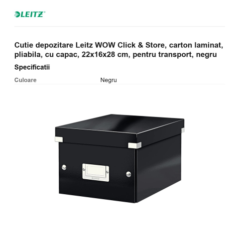 Cutie depozitare Leitz WOW Click & Store, carton laminat, pliabila, cu capac, 22x16x28 cm, pentru transport, negru [2]