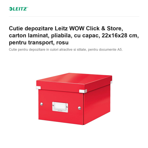 Cutie depozitare Leitz WOW Click & Store, carton laminat, pliabila, cu capac, 22x16x28 cm, pentru transport, rosu [1]