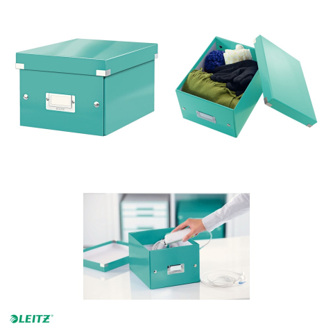 Cutie depozitare Leitz WOW Click & Store, carton laminat, pliabila, cu capac, 22x16x28 cm, pentru transport, turcoaz [3]