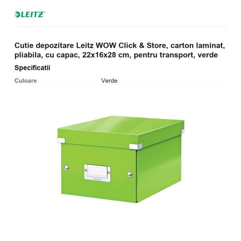 Cutie depozitare Leitz WOW Click & Store, carton laminat, pliabila, cu capac, 22x16x28 cm, pentru transport, verde [2]