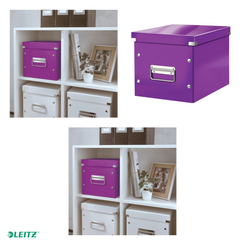 Cutie depozitare Leitz WOW Click & Store, carton laminat, pliabila, cu capac si maner, 26x24x26 cm, pentru transport, mov [3]
