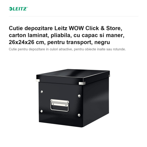Cutie depozitare Leitz WOW Click & Store, carton laminat, pliabila, cu capac si maner, 26x24x26 cm, pentru transport, negru [1]