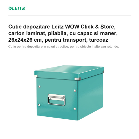 Cutie depozitare Leitz WOW Click & Store, carton laminat, pliabila, cu capac si maner, 26x24x26 cm, pentru transport, turcoaz [1]