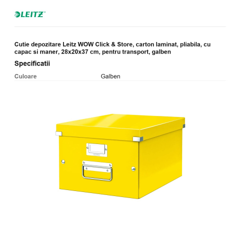 Cutie depozitare Leitz WOW Click & Store, carton laminat, pliabila, cu capac si maner, 28x20x37 cm, pentru transport, galben [2]