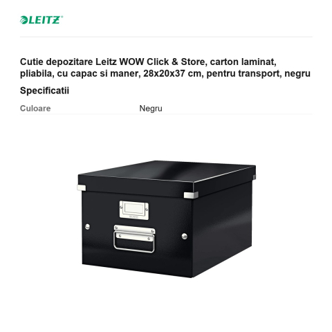 Cutie depozitare Leitz WOW Click & Store, carton laminat, pliabila, cu capac si maner, 28x20x37 cm, pentru transport, negru [2]