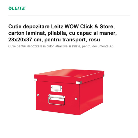 Cutie depozitare Leitz WOW Click & Store, carton laminat, pliabila, cu capac si maner, 28x20x37 cm, pentru transport, rosu [1]