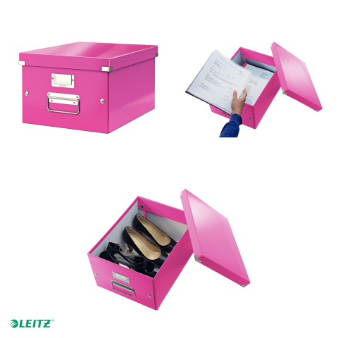 Cutie depozitare Leitz WOW Click & Store, carton laminat, pliabila, cu capac si maner, 28x20x37 cm, pentru transport, roz [3]