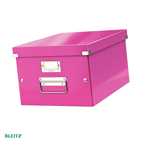 Cutie depozitare Leitz WOW Click & Store, carton laminat, pliabila, cu capac si maner, 28x20x37 cm, pentru transport, roz [0]