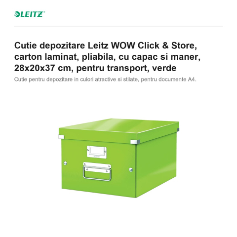 Cutie depozitare Leitz WOW Click & Store, carton laminat, pliabila, cu capac si maner, 28x20x37 cm, pentru transport, verde [1]
