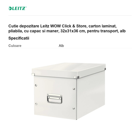 Cutie depozitare Leitz WOW Click & Store, carton laminat, pliabila, cu capac si maner, 32x31x36 cm, pentru transport, alb [2]