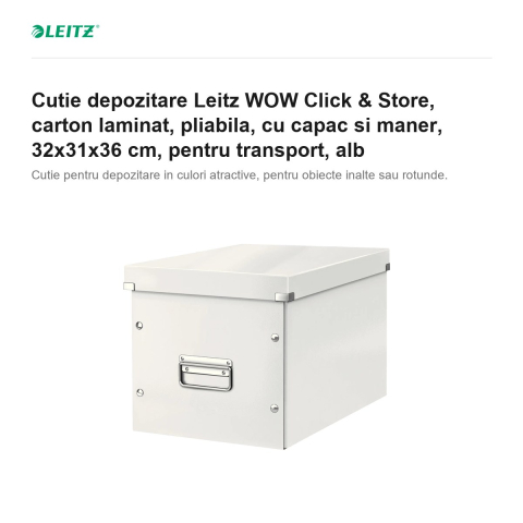 Cutie depozitare Leitz WOW Click & Store, carton laminat, pliabila, cu capac si maner, 32x31x36 cm, pentru transport, alb [1]