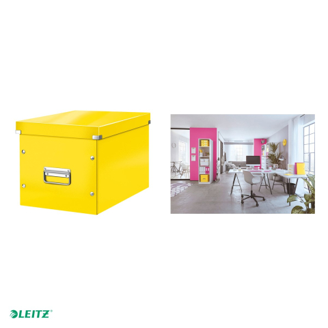 Cutie depozitare Leitz WOW Click & Store, carton laminat, pliabila, cu capac si maner, 32x31x36 cm, pentru transport, galben [3]