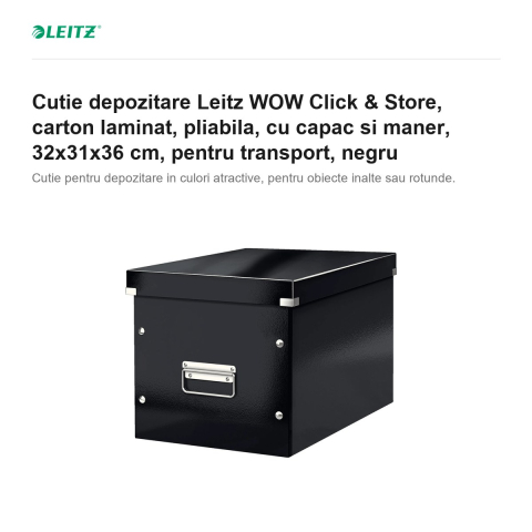 Cutie depozitare Leitz WOW Click & Store, carton laminat, pliabila, cu capac si maner, 32x31x36 cm, pentru transport, negru [1]