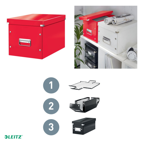 Cutie depozitare Leitz WOW Click & Store, carton laminat, pliabila, cu capac si maner, 32x31x36 cm, pentru transport, rosu [3]