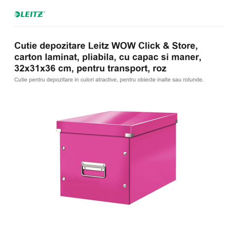 Cutie depozitare Leitz WOW Click & Store, carton laminat, pliabila, cu capac si maner, 32x31x36 cm, pentru transport, roz [1]