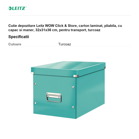 Cutie depozitare Leitz WOW Click & Store, carton laminat, pliabila, cu capac si maner, 32x31x36 cm, pentru transport, turcoaz [2]