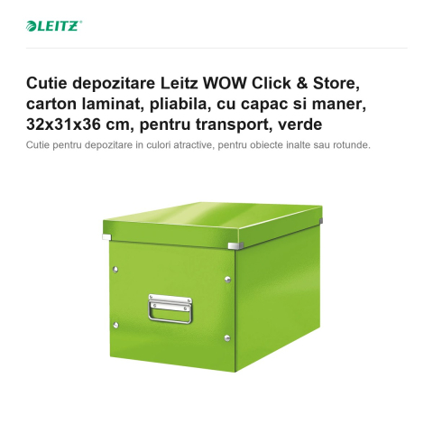 Cutie depozitare Leitz WOW Click & Store, carton laminat, pliabila, cu capac si maner, 32x31x36 cm, pentru transport, verde [1]