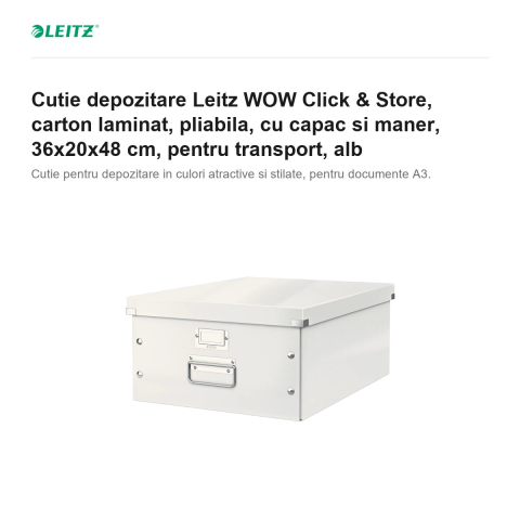 Cutie depozitare Leitz WOW Click & Store, carton laminat, pliabila, cu capac si maner, 36x20x48 cm, pentru transport, alb [1]