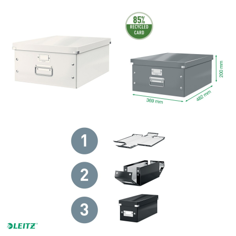 Cutie depozitare Leitz WOW Click & Store, carton laminat, pliabila, cu capac si maner, 36x20x48 cm, pentru transport, alb [3]
