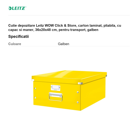 Cutie depozitare Leitz WOW Click & Store, carton laminat, pliabila, cu capac si maner, 36x20x48 cm, pentru transport, galben [2]