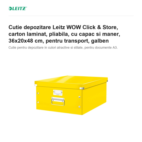 Cutie depozitare Leitz WOW Click & Store, carton laminat, pliabila, cu capac si maner, 36x20x48 cm, pentru transport, galben [1]