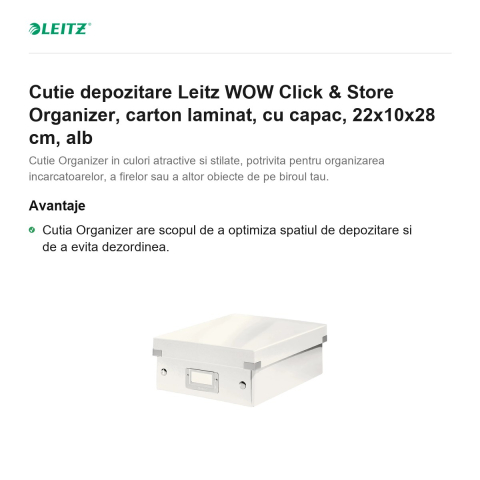 Cutie depozitare Leitz WOW Click & Store Organizer, carton laminat, cu capac, 22x10x28 cm, alb [1]