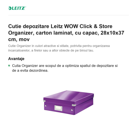 Cutie depozitare Leitz WOW Click & Store Organizer, carton laminat, cu capac, 28x10x37 cm, mov [1]