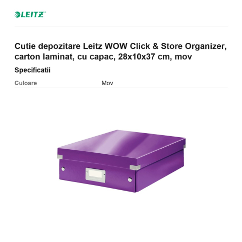 Cutie depozitare Leitz WOW Click & Store Organizer, carton laminat, cu capac, 28x10x37 cm, mov [2]