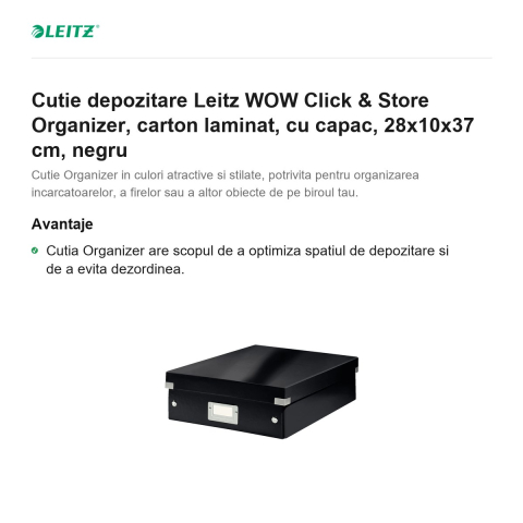 Cutie depozitare Leitz WOW Click & Store Organizer, carton laminat, cu capac, 28x10x37 cm, negru [1]