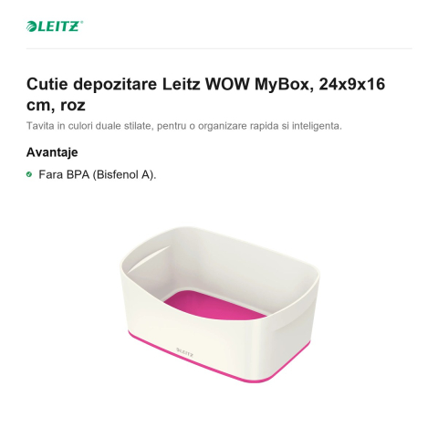 Cutie depozitare Leitz WOW MyBox, 24x9x16 cm, roz [1]