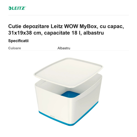 Cutie depozitare Leitz WOW MyBox, cu capac, 31x19x38 cm, capacitate 18 l, albastru [2]
