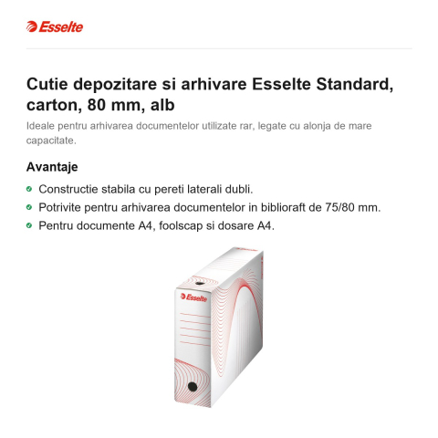 Cutie depozitare si arhivare Esselte Standard, carton, 80 mm, alb [1]
