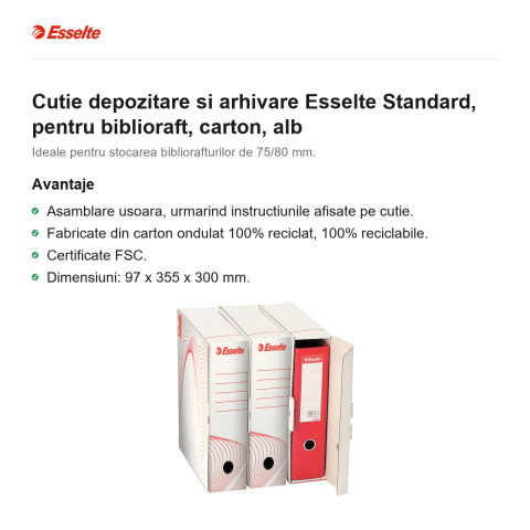 Cutie depozitare si arhivare Esselte Standard, pentru biblioraft, carton, alb [1]