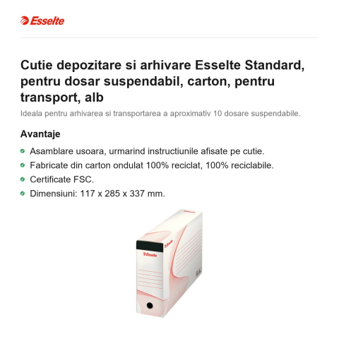 Cutie depozitare si arhivare Esselte Standard, pentru dosar suspendabil, carton, pentru transport, alb [1]