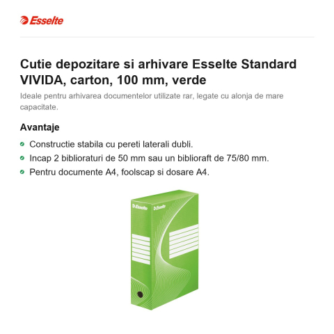 Cutie depozitare si arhivare Esselte Standard VIVIDA, carton, 100 mm, verde [1]