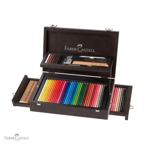 Creioane colorate permanente - Cutie lemn Faber-Castell colectie arta si grafica, set 36 instrumente artistice Polychromos, Albrecht Durer si Pitt