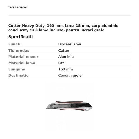 Cutter Heavy Duty, 160 mm, lama 18 mm, corp aluminiu cauciucat, cu 3 lame incluse, pentru lucrari grele [2]