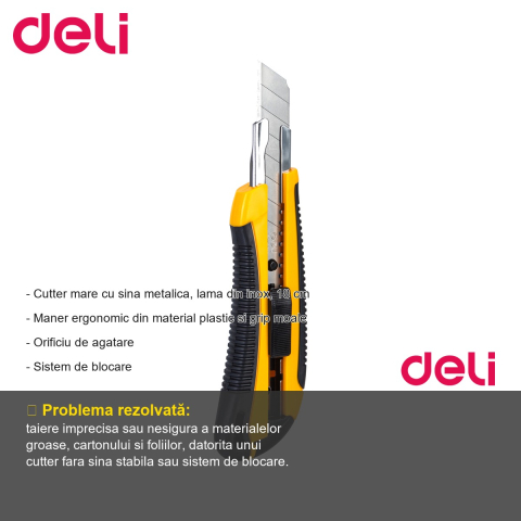 Cutter mare Deli, lama inox 18 mm cu sina metalica si grip moale, pentru taiere precisa [1]