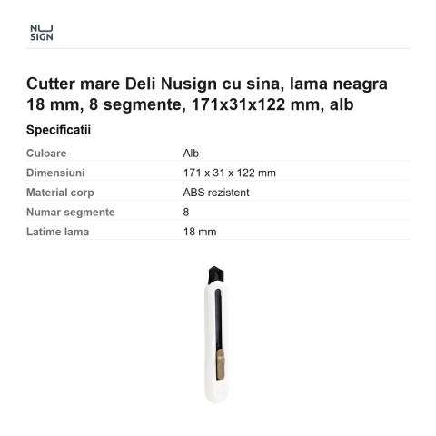 Cutter mare Deli Nusign cu sina, lama neagra 18 mm, 8 segmente, 171x31x122 mm, alb [2]