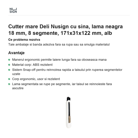 Cutter mare Deli Nusign cu sina, lama neagra 18 mm, 8 segmente, 171x31x122 mm, alb [1]