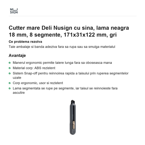 Cutter mare Deli Nusign cu sina, lama neagra 18 mm, 8 segmente, 171x31x122 mm, gri [1]