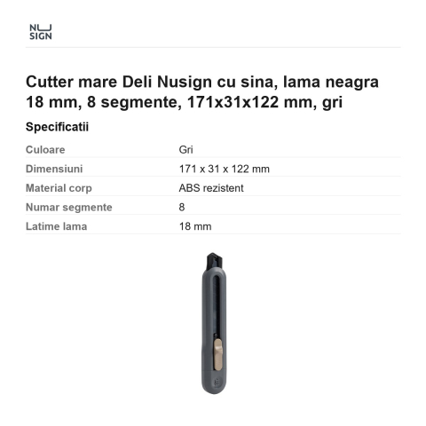 Cutter mare Deli Nusign cu sina, lama neagra 18 mm, 8 segmente, 171x31x122 mm, gri [2]