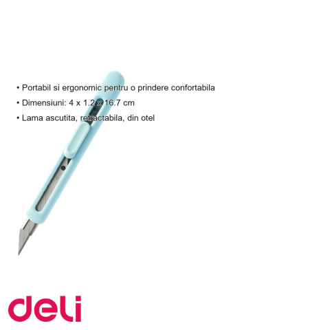 Cutter mic Deli din plastic reciclat, lama retractabila din otel, albastru, pentru birou si uz general [2]