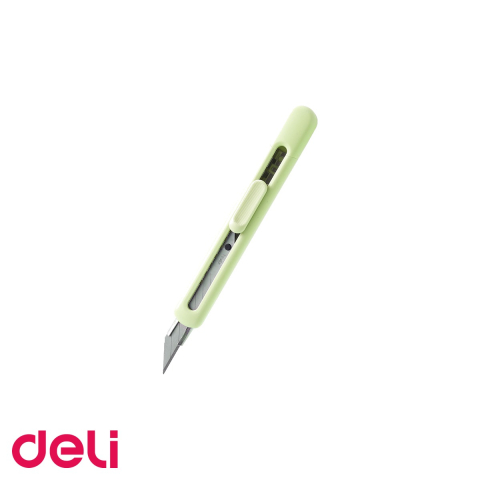 Cuttere si lame de rezerva - Cutter mic Deli din plastic reciclat, lama retractabila din otel, verde, pentru taieri precise la birou
