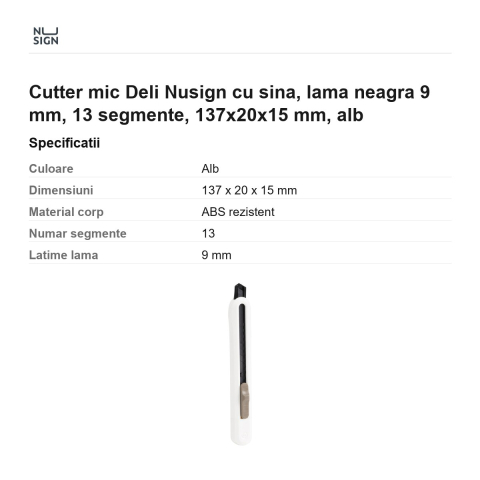 Cutter mic Deli Nusign cu sina, lama neagra 9 mm, 13 segmente, 137x20x15 mm, alb [2]