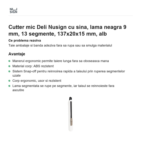 Cutter mic Deli Nusign cu sina, lama neagra 9 mm, 13 segmente, 137x20x15 mm, alb [1]