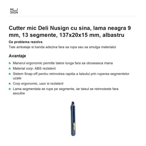Cutter mic Deli Nusign cu sina, lama neagra 9 mm, 13 segmente, 137x20x15 mm, albastru [1]