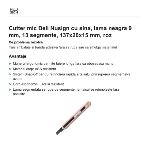Cutter mic Deli Nusign cu sina, lama neagra 9 mm, 13 segmente, 137x20x15 mm, roz [1]