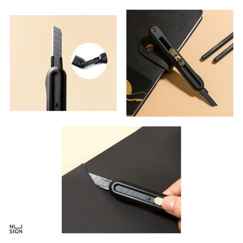 Cutter mic Deli Nusign cu sina, lama neagra 9 mm la 60 de grade, 13 segmente, 137x20x15 mm, negru [3]